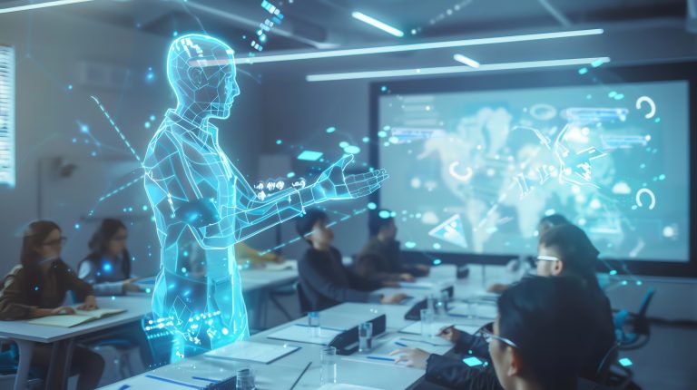 A holographic figure presenting to a group of people in a business meeting.