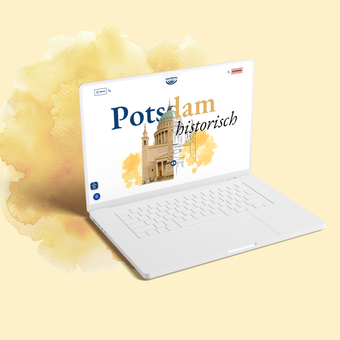 Weißer Laptop vor gelbem Aquarellhintergrund zeigt die Website von Potsdam