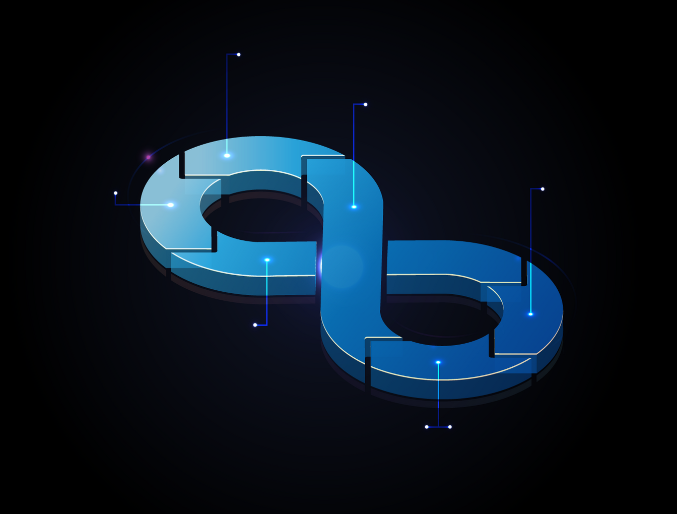 Dreidimensionale Schlaufe in feurigen Farben vor dunklem Hintergrund als Symbol für den Produktzyklus