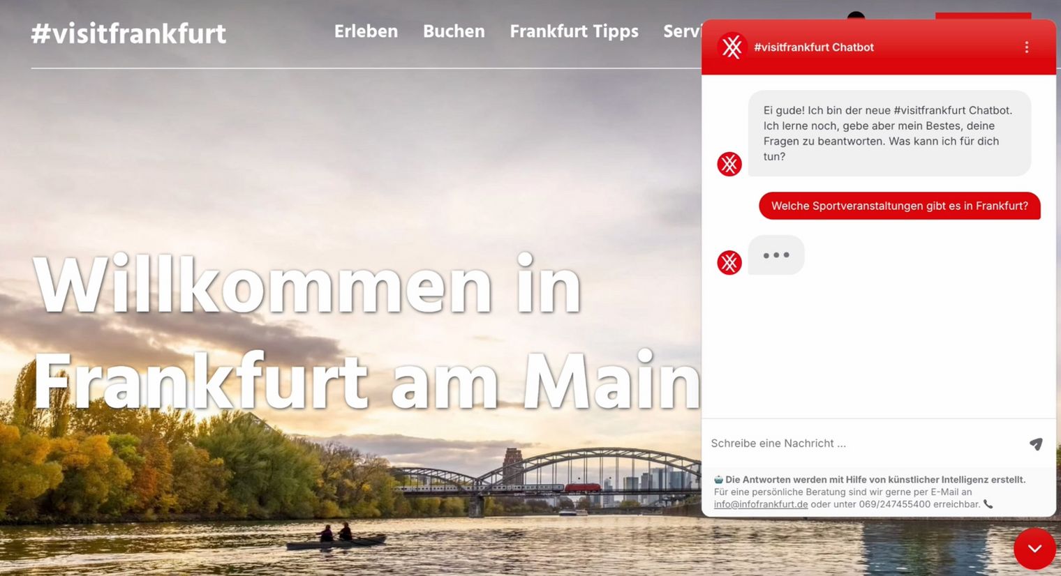 Screen der Frankfurt Website mit offenem Chatfenster