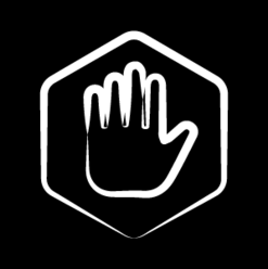 Weiße Handfläche in einem weißen Sechseck auf schwarzem Hintergrund, als Symbol für Barrierefreiheit
