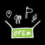 Kleine Icons wie Besteck, ein Pin oder ein Mikrofon schweben über einer offenen Box mit dem Label "OPEN" als Symbol für offene Daten