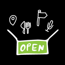 Kleine Icons wie Besteck, ein Pin oder ein Mikrofon schweben über einer offenen Box mit dem Label "OPEN" als Symbol für offene Daten