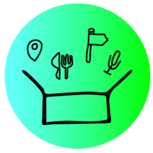 Kleine Daten-icons wie Messer und Gabel, Pin oder Mikrofon schweben über einer offenen Box als Symbol für Datenverwaltung
