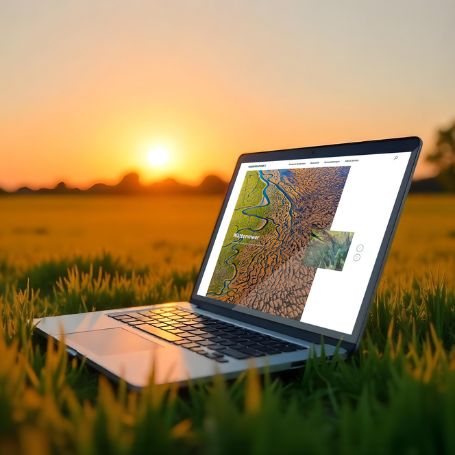 Offener Laptop im Grünen mit Sonnenuntergang zeigt Website von Tourismus Marketing Niedersachsen