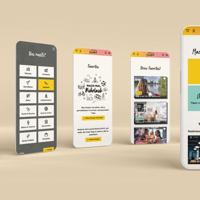 Füng mobile Screens stehen aufrecht vor hellgelbem Hintergrund und zeigen unterschiedliche Screens von Reisekumpel